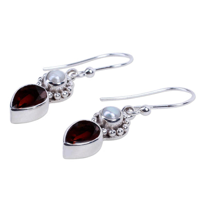 Garnet & Pearl Tear Dangle Earrings