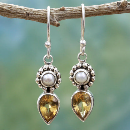 Yellow Tear Sterling Silver Earrings with Citrine and Cultured Pearl