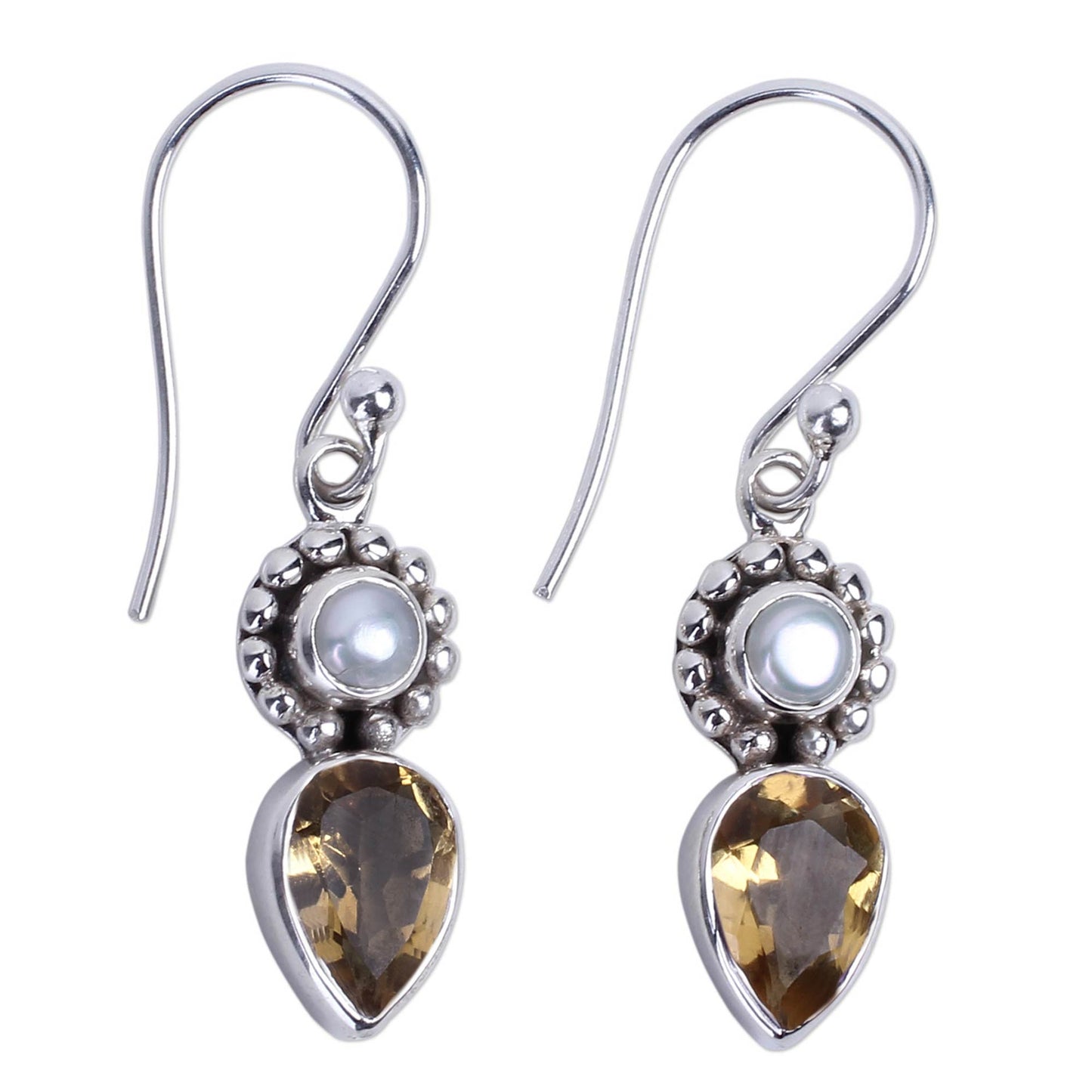 Yellow Tear Sterling Silver Earrings with Citrine and Cultured Pearl