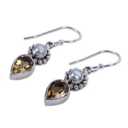 Yellow Tear Sterling Silver Earrings with Citrine and Cultured Pearl