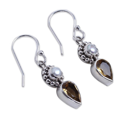 Yellow Tear Sterling Silver Earrings with Citrine and Cultured Pearl