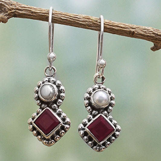 Kolkata Sparkle Garnet and Cultured Pearl Dangle Earrings in Silver 925