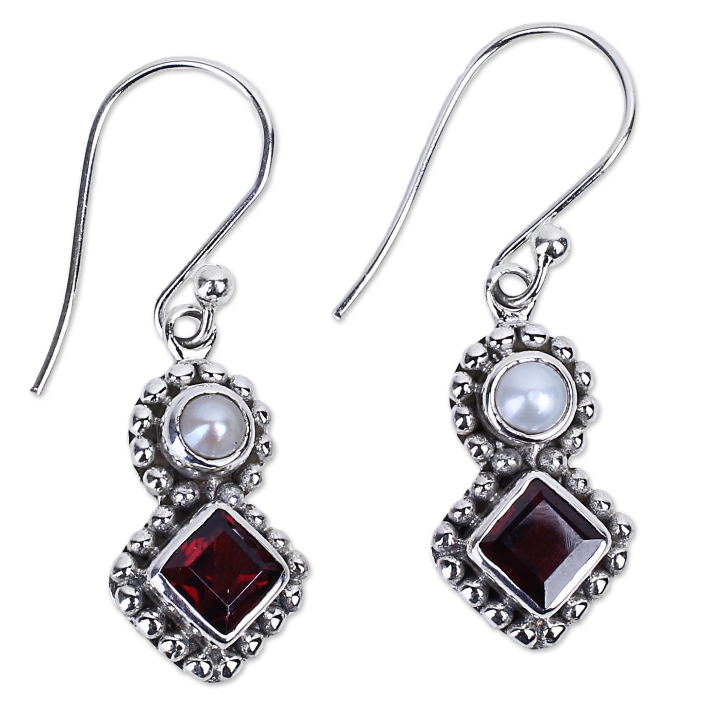 Kolkata Sparkle Garnet and Cultured Pearl Dangle Earrings in Silver 925