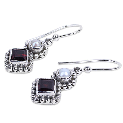 Kolkata Sparkle Garnet and Cultured Pearl Dangle Earrings in Silver 925