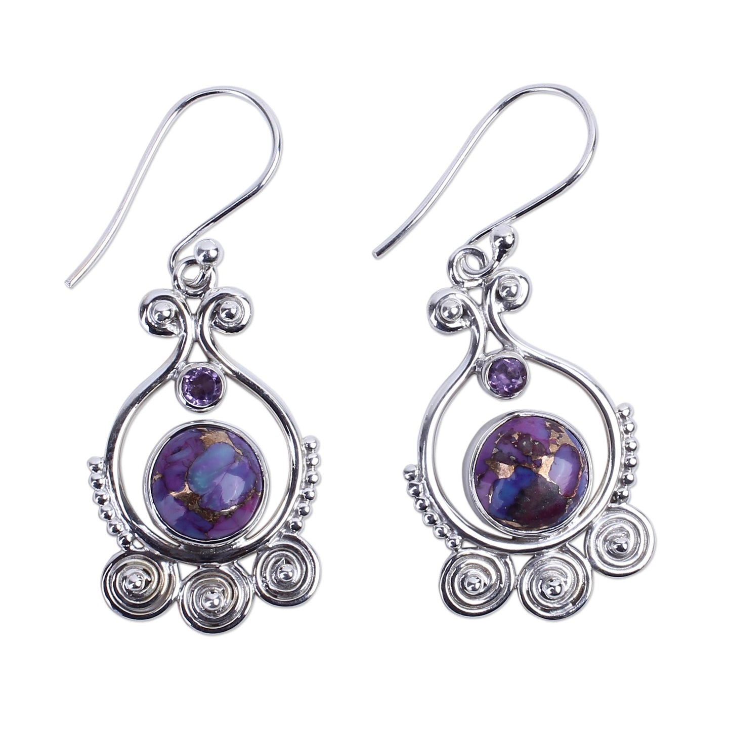 Exotic Swirls Purple Amethyst Sterling Silver Earrings Handcrafted India