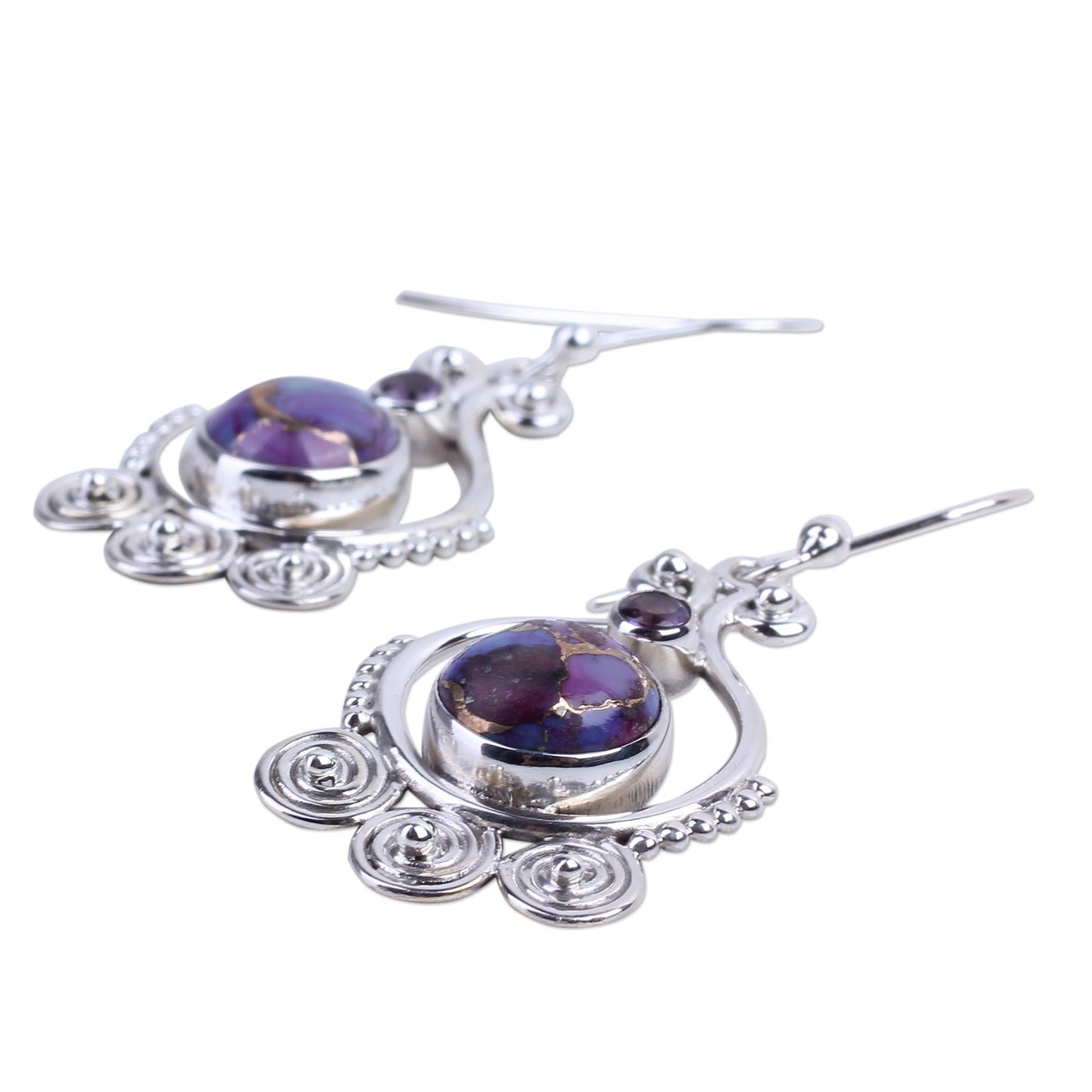 Exotic Swirls Purple Amethyst Sterling Silver Earrings Handcrafted India