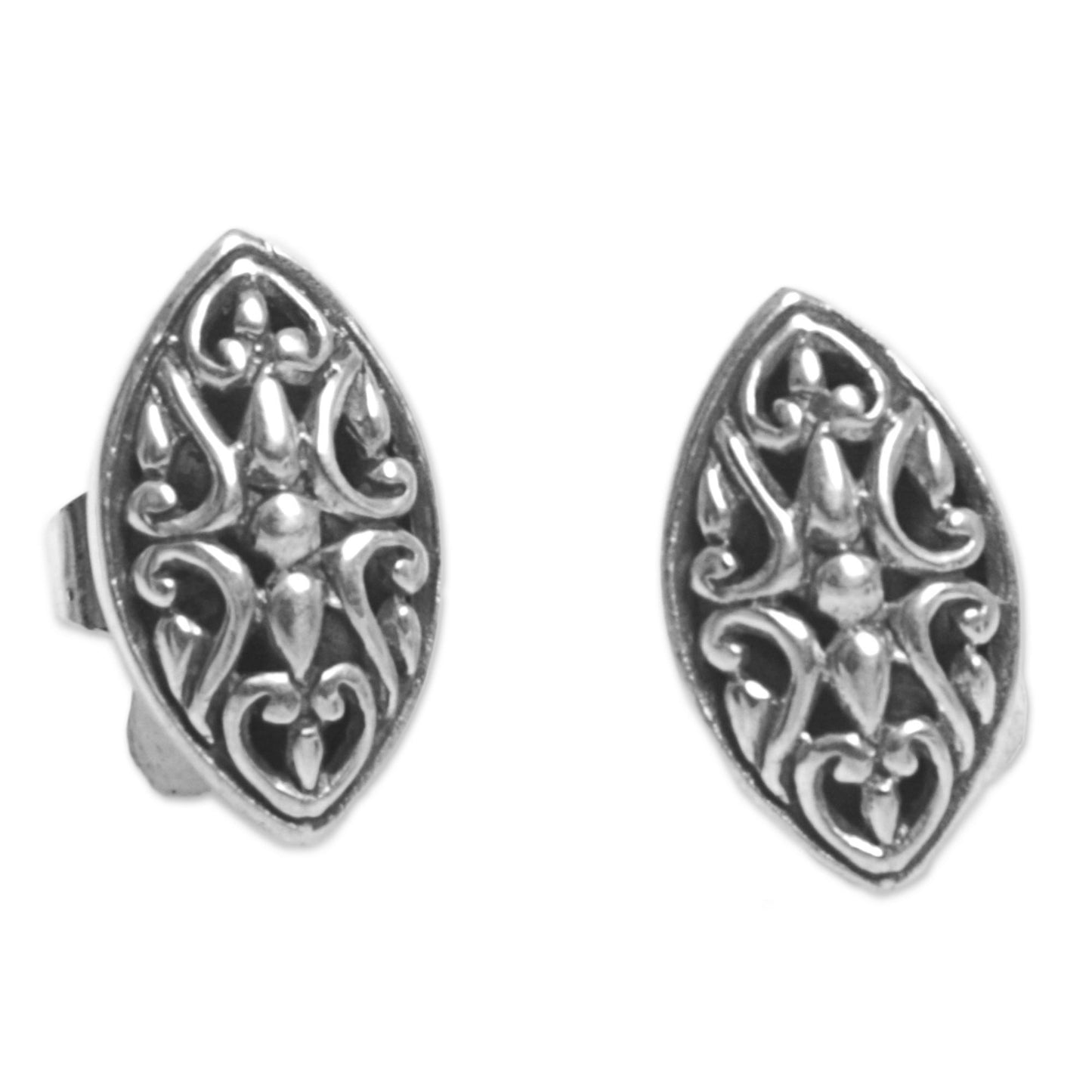 Floral Shield Sterling Silver Oval Button Earrings from Indonesia