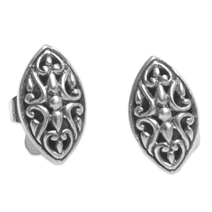 Floral Shield Sterling Silver Oval Button Earrings from Indonesia