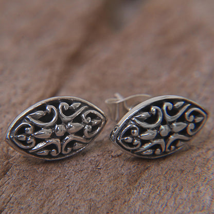 Floral Shield Sterling Silver Oval Button Earrings from Indonesia