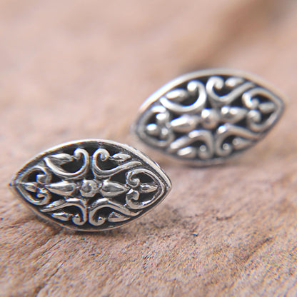 Floral Shield Sterling Silver Oval Button Earrings from Indonesia