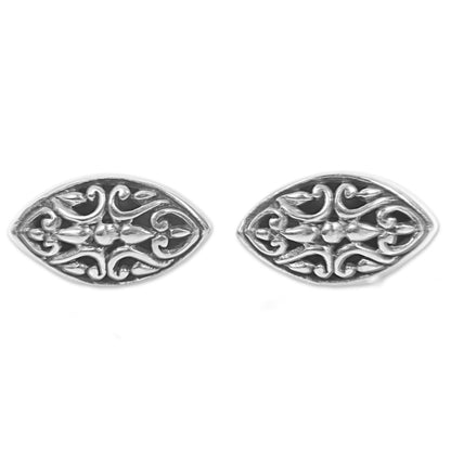 Floral Shield Sterling Silver Oval Button Earrings from Indonesia