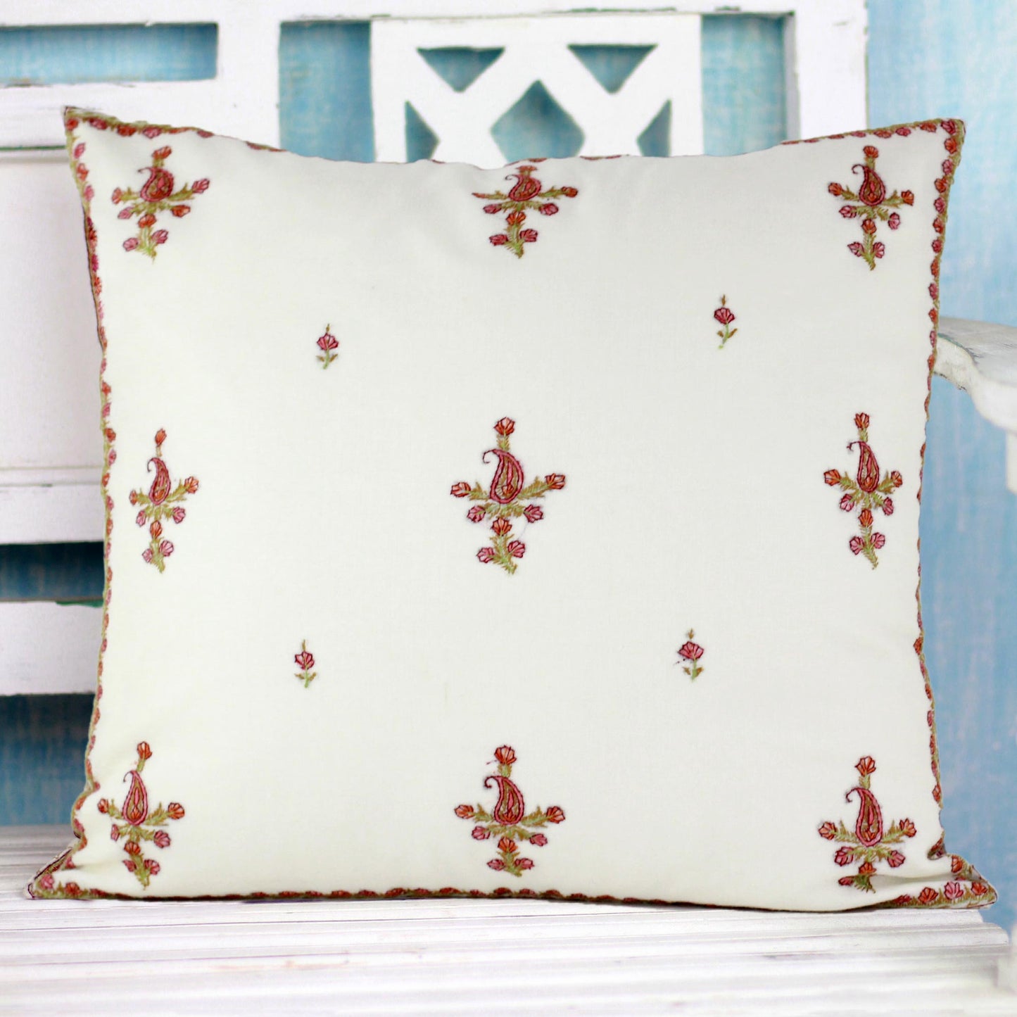 Paisley Blooms Cushion Cover Handcrafted in India Embroidered with Paisley