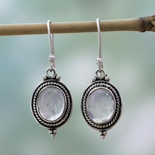 Moonlit Charm Sterling Silver Rainbow Moonstone Dangle Earrings India