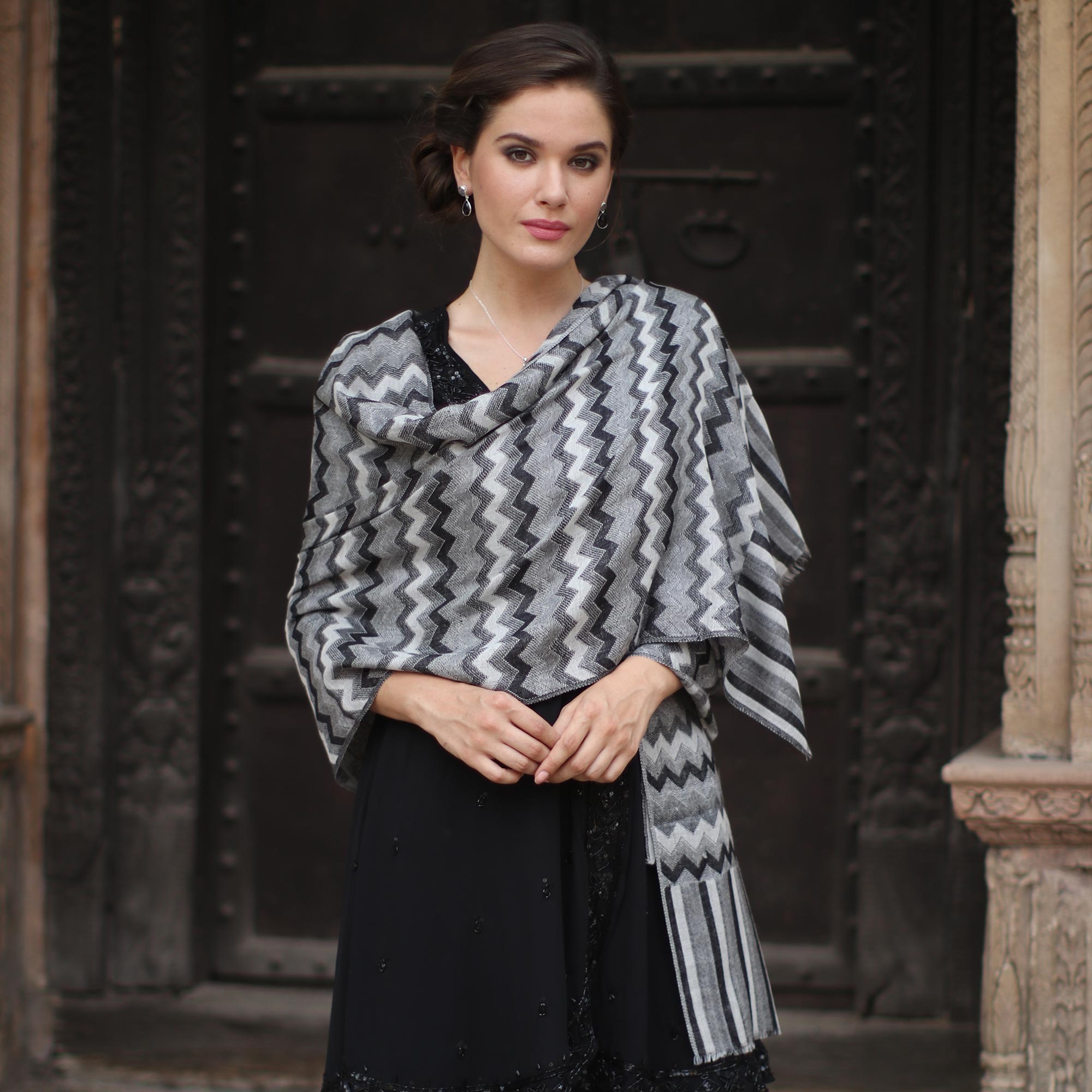 Grey Woven Design Wool Women's Shawl