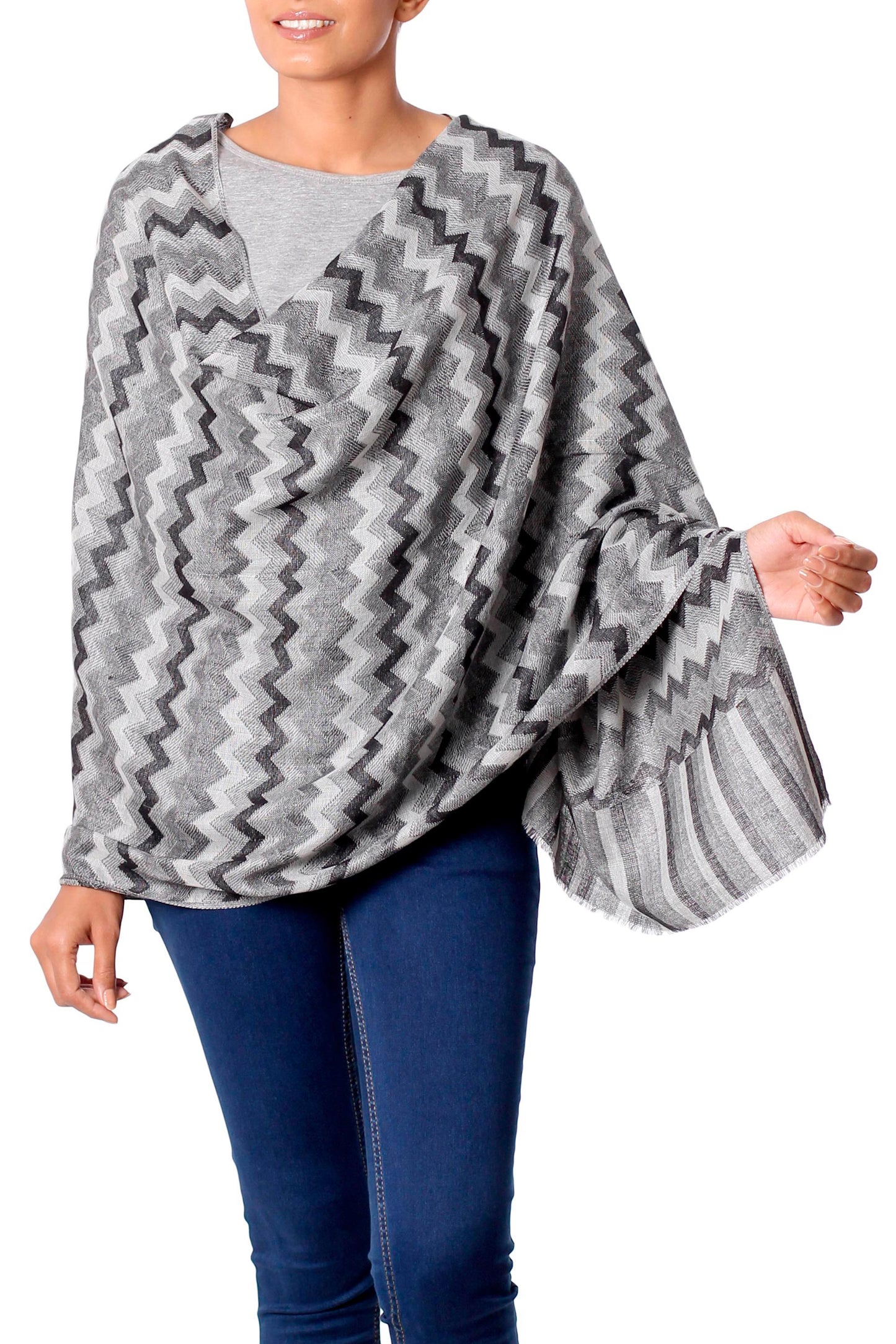 Grey Delight Hand Woven Wool Shawl from India in Grey, Black, and White