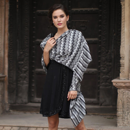 Grey Delight Hand Woven Wool Shawl from India in Grey, Black, and White