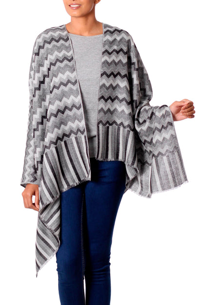 Grey Delight Hand Woven Wool Shawl from India in Grey, Black, and White