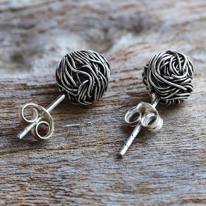 Bird Nests Sterling Silver Stud Earrings Round Shape from Thailand