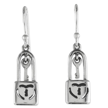 Under Lock and Key Sterling Silver Heart Lock Dangle Earrings from Thailand