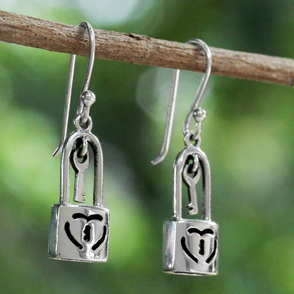 Under Lock and Key Sterling Silver Heart Lock Dangle Earrings from Thailand