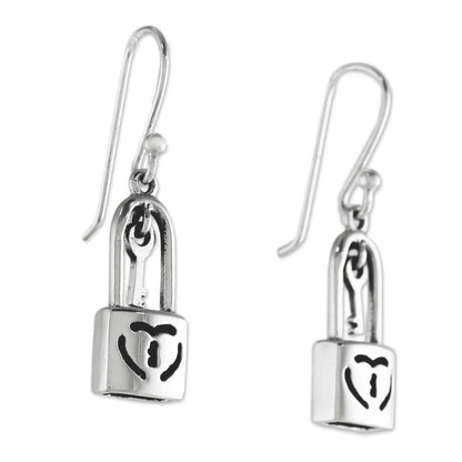 Under Lock and Key Sterling Silver Heart Lock Dangle Earrings from Thailand