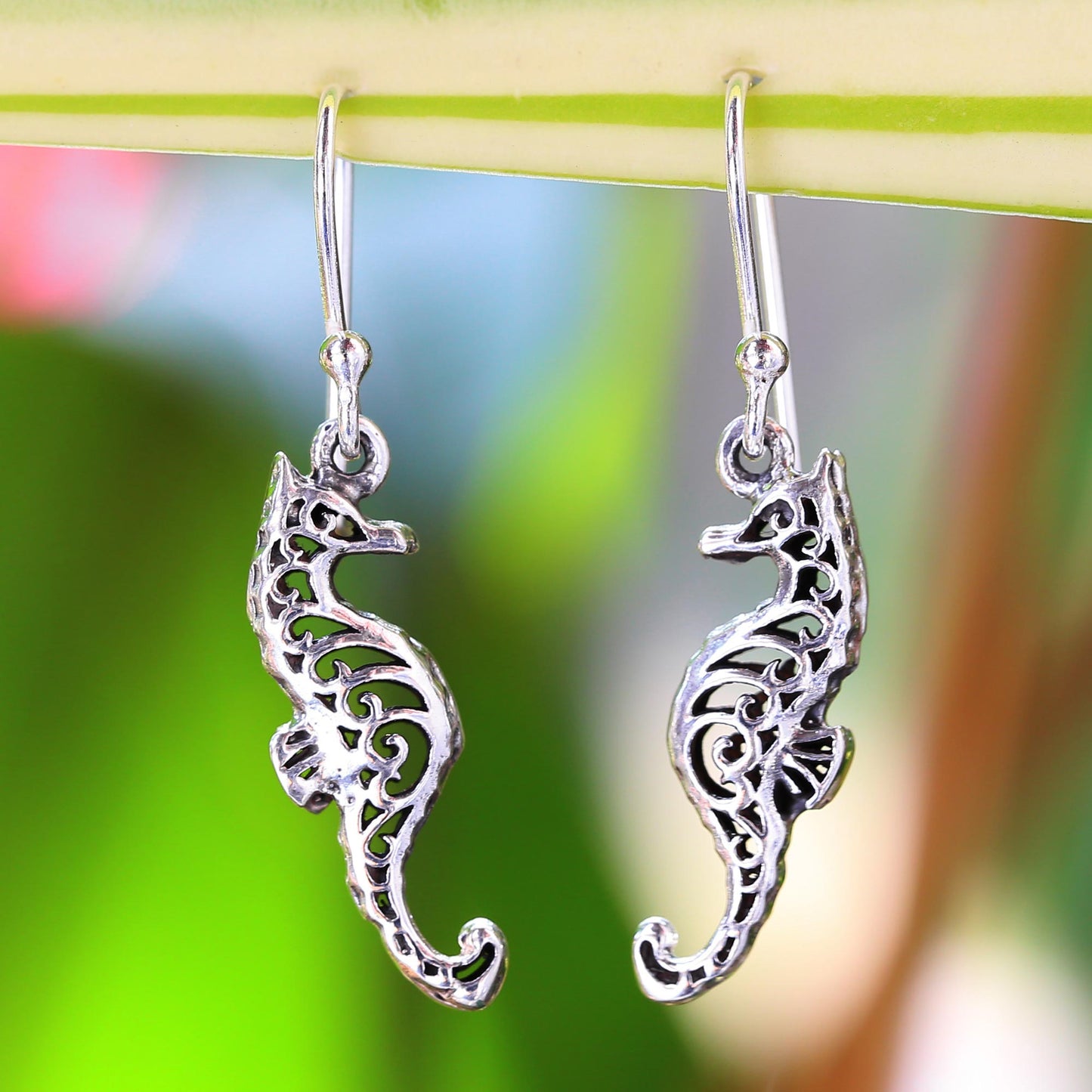 Seahorse Couple Sterling Silver Dangle Earrings Seahorse Shape from Thailand