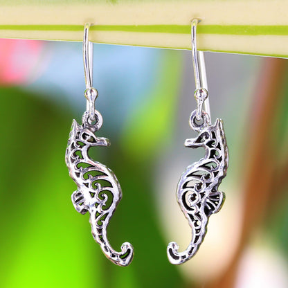 Seahorse Couple Sterling Silver Dangle Earrings Seahorse Shape from Thailand