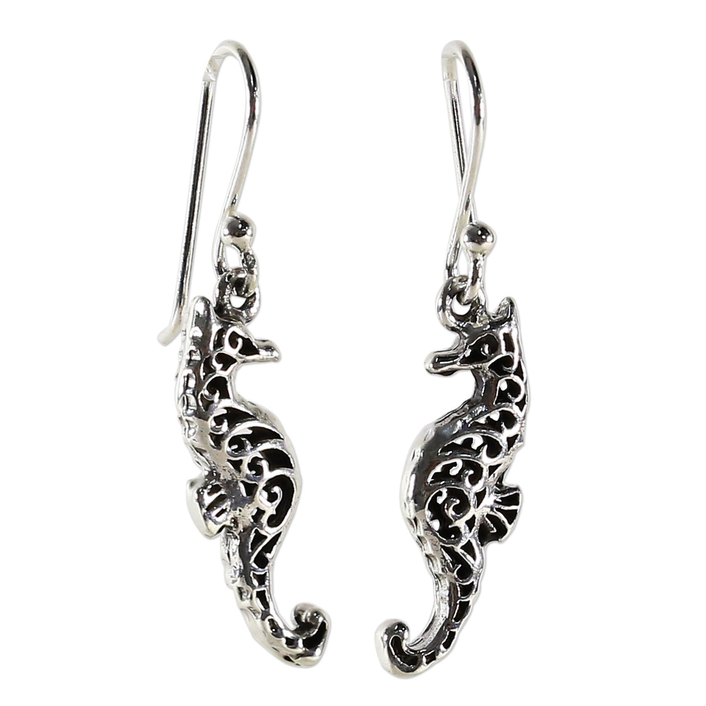 Seahorse Couple Sterling Silver Dangle Earrings Seahorse Shape from Thailand