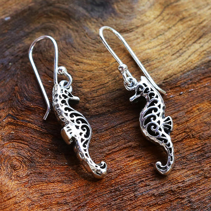Seahorse Couple Sterling Silver Dangle Earrings Seahorse Shape from Thailand
