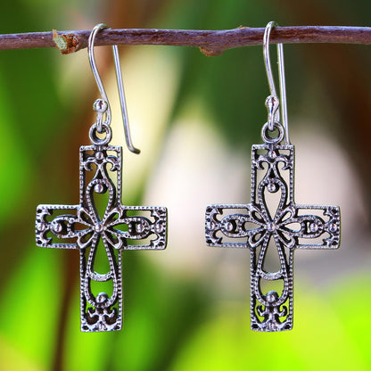 Thai Crosses Sterling Silver Dangle Earrings Cross Shape from Thailand