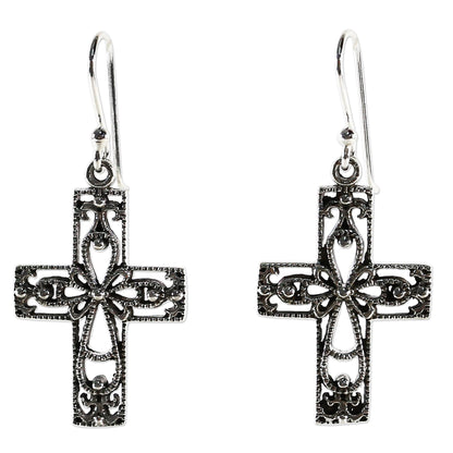 Thai Crosses Sterling Silver Dangle Earrings Cross Shape from Thailand