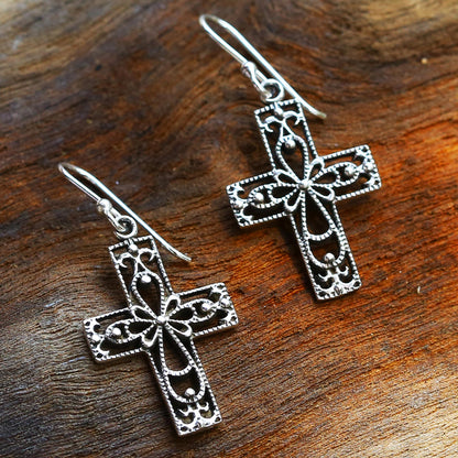 Thai Crosses Sterling Silver Dangle Earrings Cross Shape from Thailand