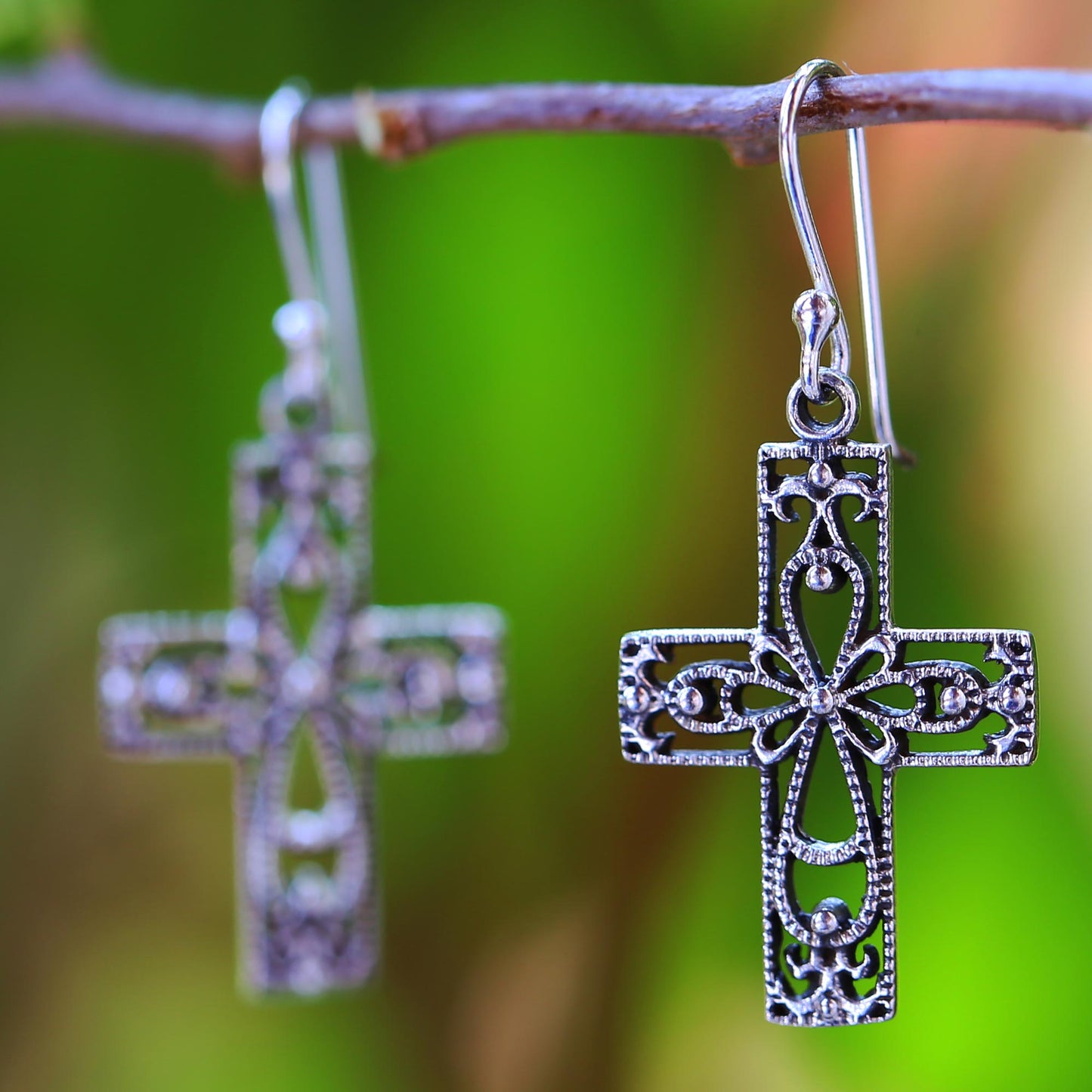 Thai Crosses Sterling Silver Dangle Earrings Cross Shape from Thailand