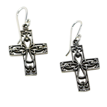 Thai Crosses Sterling Silver Dangle Earrings Cross Shape from Thailand