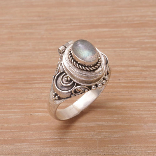 Shimmering Shrine Labradorite and Sterling Silver Locket Ring from Bali