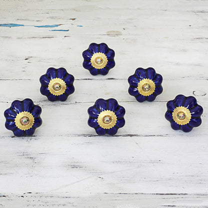 Floral Beauties in Indigo Hand Made Ceramic Cabinet Knobs Floral Blue (Set of 6) India