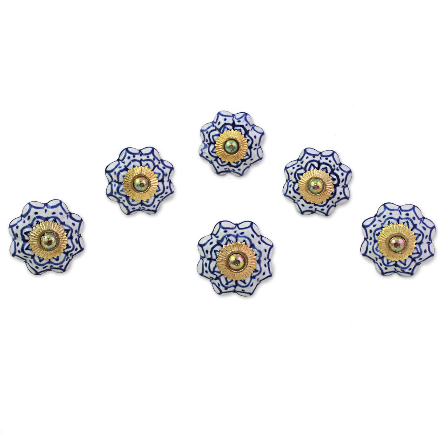 Radiant Blue Flowers Ceramic Brass Cabinet Knobs Floral (Set of 6) from India