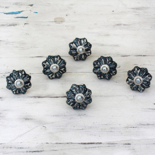 Flower Harmony in Grey Ceramic Cabinet Knobs Floral Grey (Set of 6) India