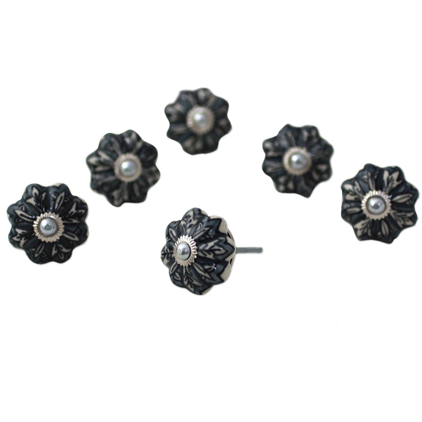 Flower Harmony in Grey Ceramic Cabinet Knobs Floral Grey (Set of 6) India