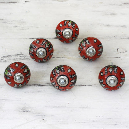 Charming Red Flowers Ceramic Cabinet Knobs Floral Red (Set of 6) from India