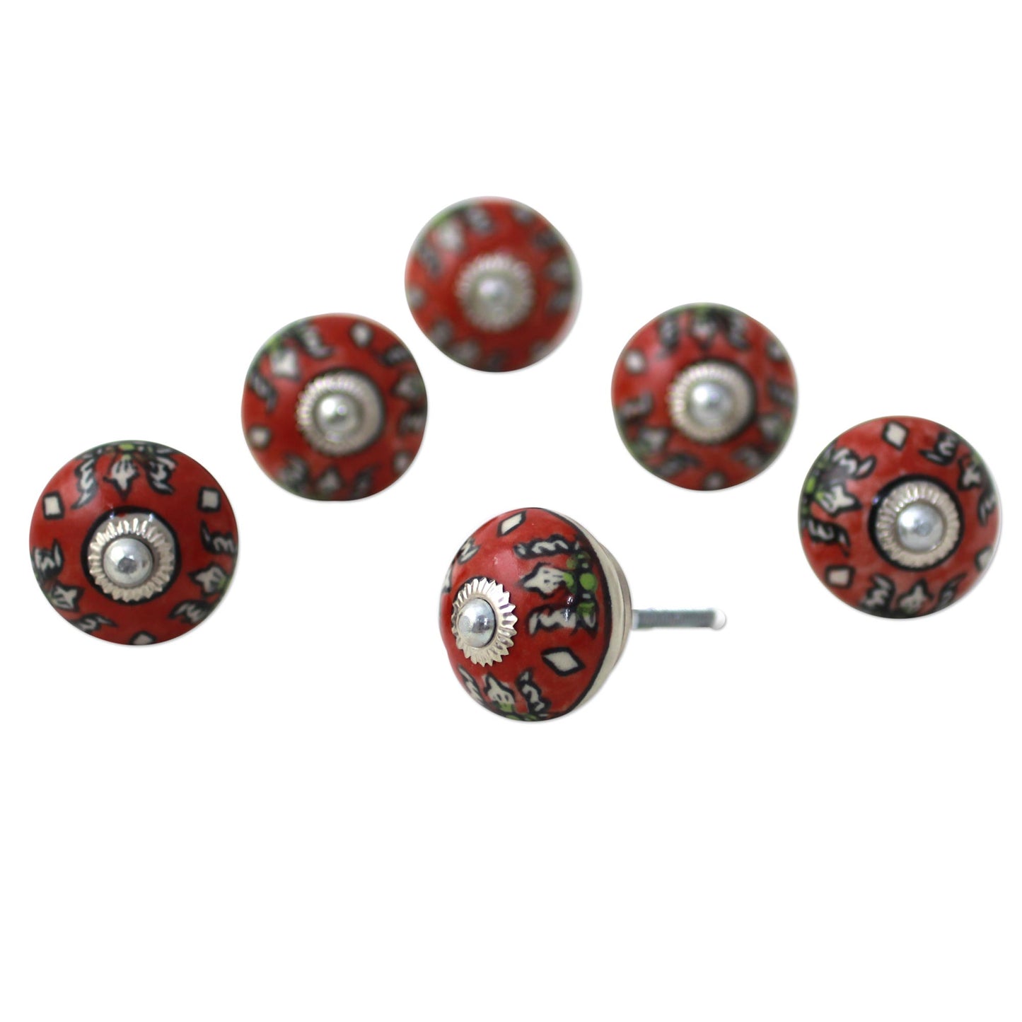 Charming Red Flowers Ceramic Cabinet Knobs Floral Red (Set of 6) from India