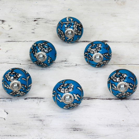 Charming Blue Flowers Ceramic Cabinet Knobs Floral Blue and White (Set of 6) India