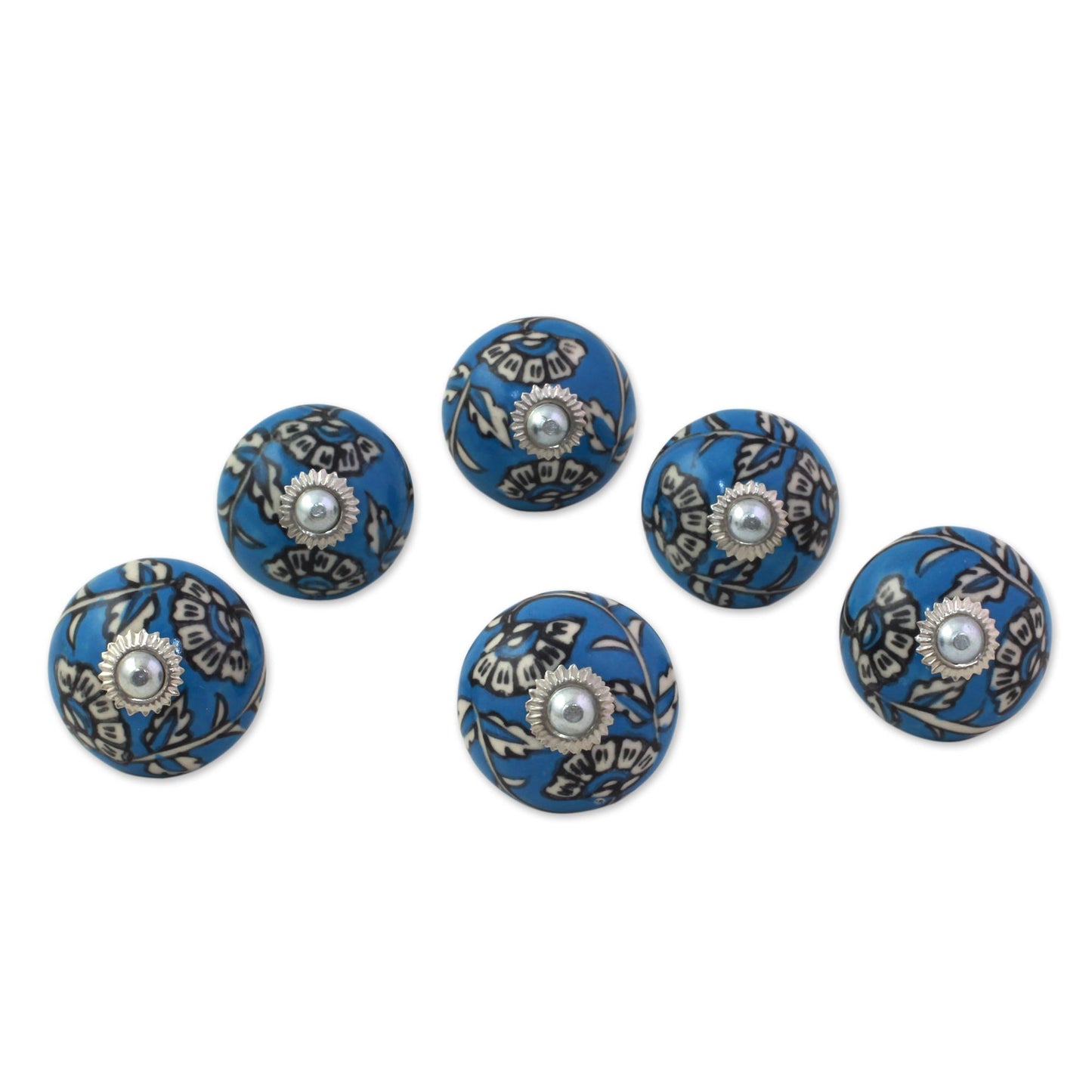 Charming Blue Flowers Ceramic Cabinet Knobs Floral Blue and White (Set of 6) India