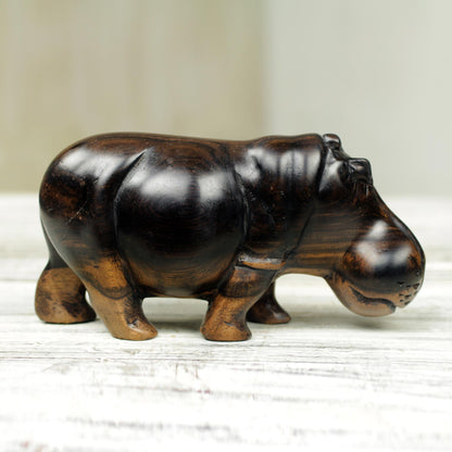 Majestic Hippo Hand Made Wood Hippopotamus Sculpture from Ghana