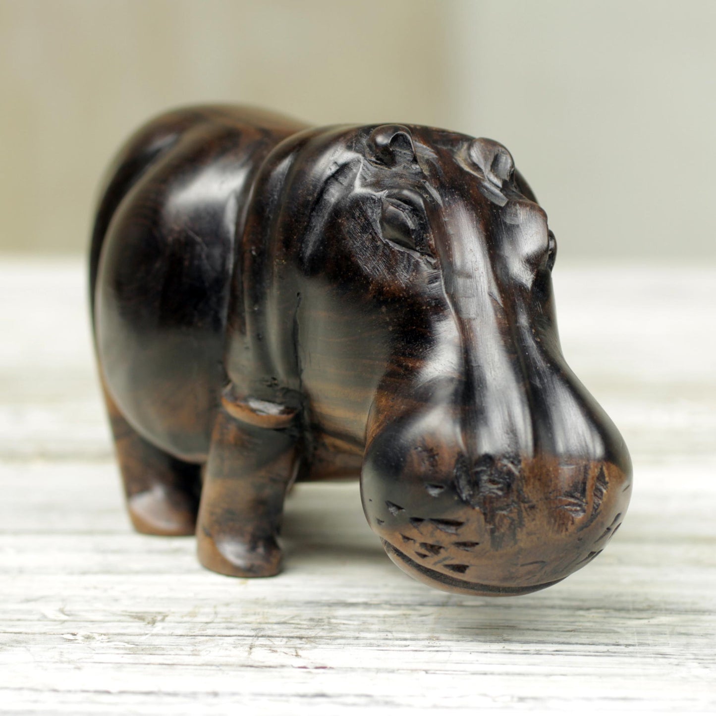 Majestic Hippo Hand Made Wood Hippopotamus Sculpture from Ghana