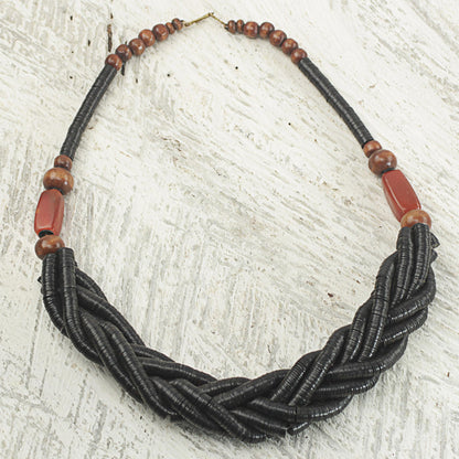 Sosongo in Black Handcrafted Black Braided Bead Necklace with Wood and Agate