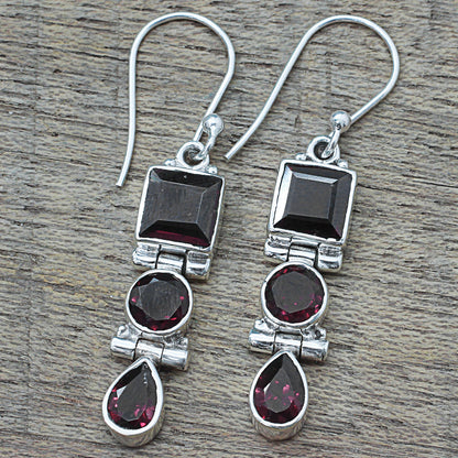 Radiant Glamour Geometric Garnet and Sterling Silver Dangle Earrings