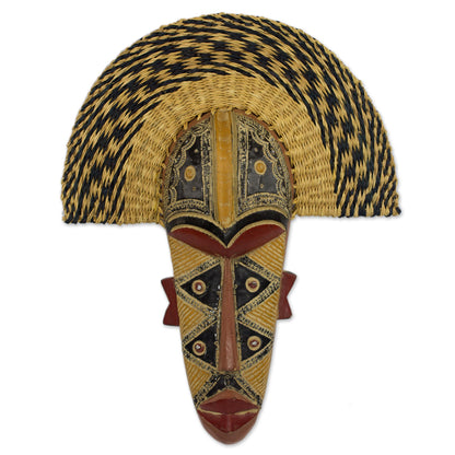 Prosper Hand Made African Mask with Wood and Raffia Accents