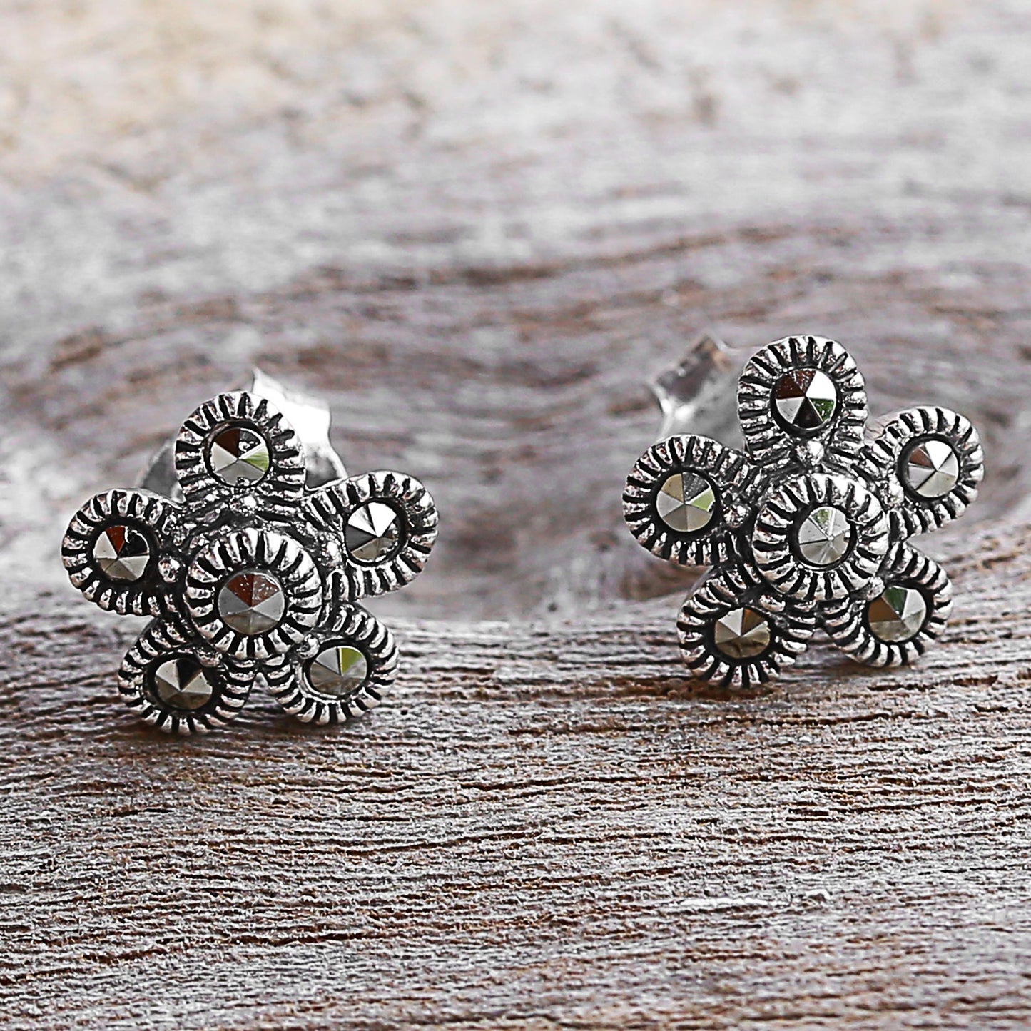 Pretty Blossoms Sterling Silver and Marcasite Flower Stud Earrings