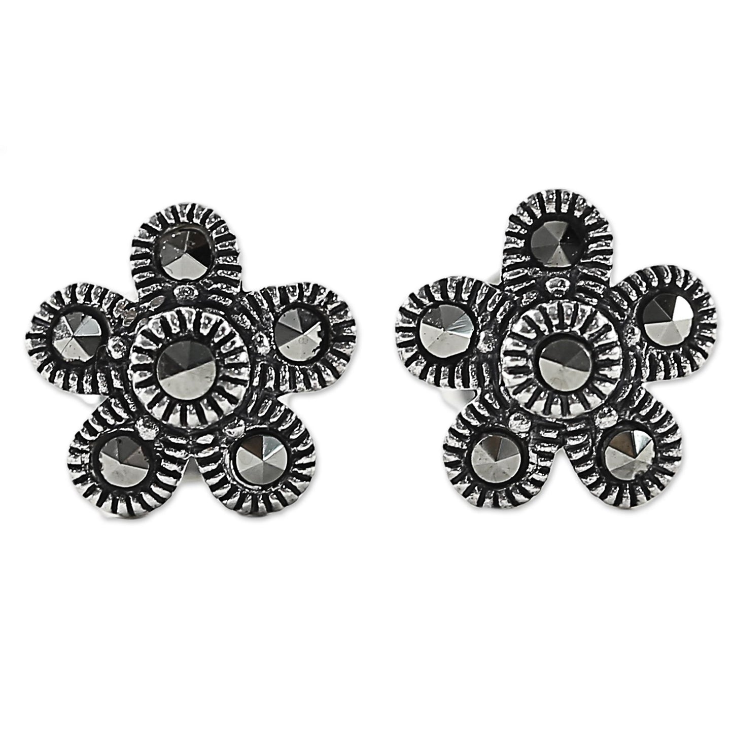 Pretty Blossoms Sterling Silver and Marcasite Flower Stud Earrings